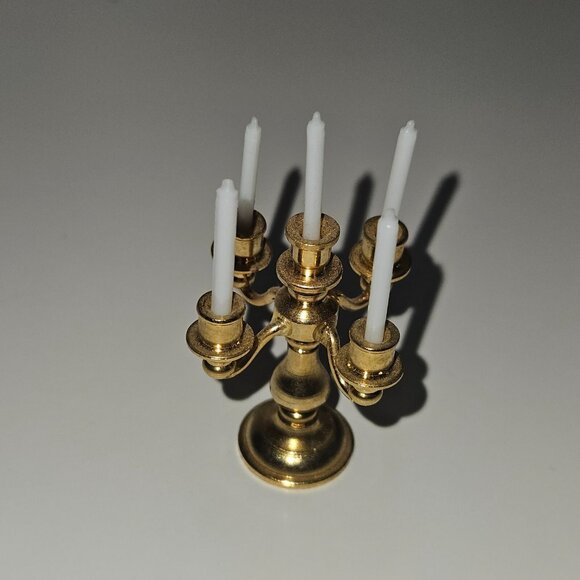 DOLLHOUSE SIZE Gold Tone Candelabra 5 White Candlesticks Small 2" DOLLHOUSE SIZE - Picture 1 of 5